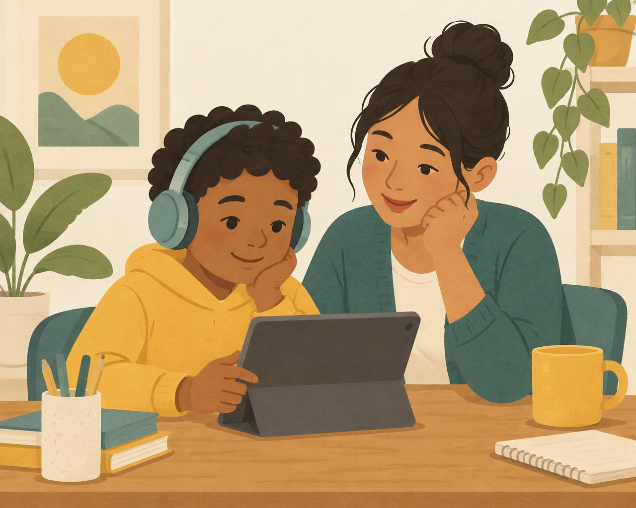 A student with headphones learning on a tablet beside a smiling adult helper